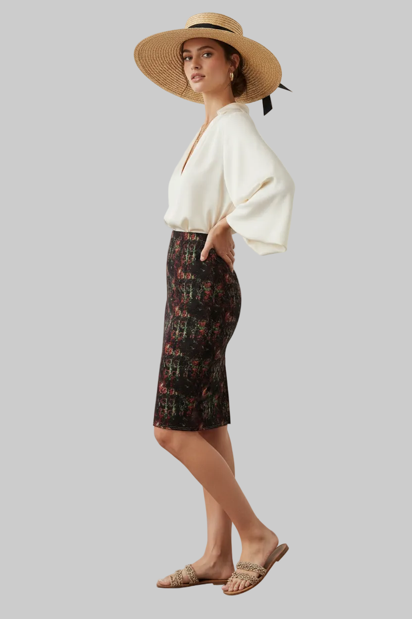 Dark Floral Gothic Pencil Skirt — Red & Black All-Over Print