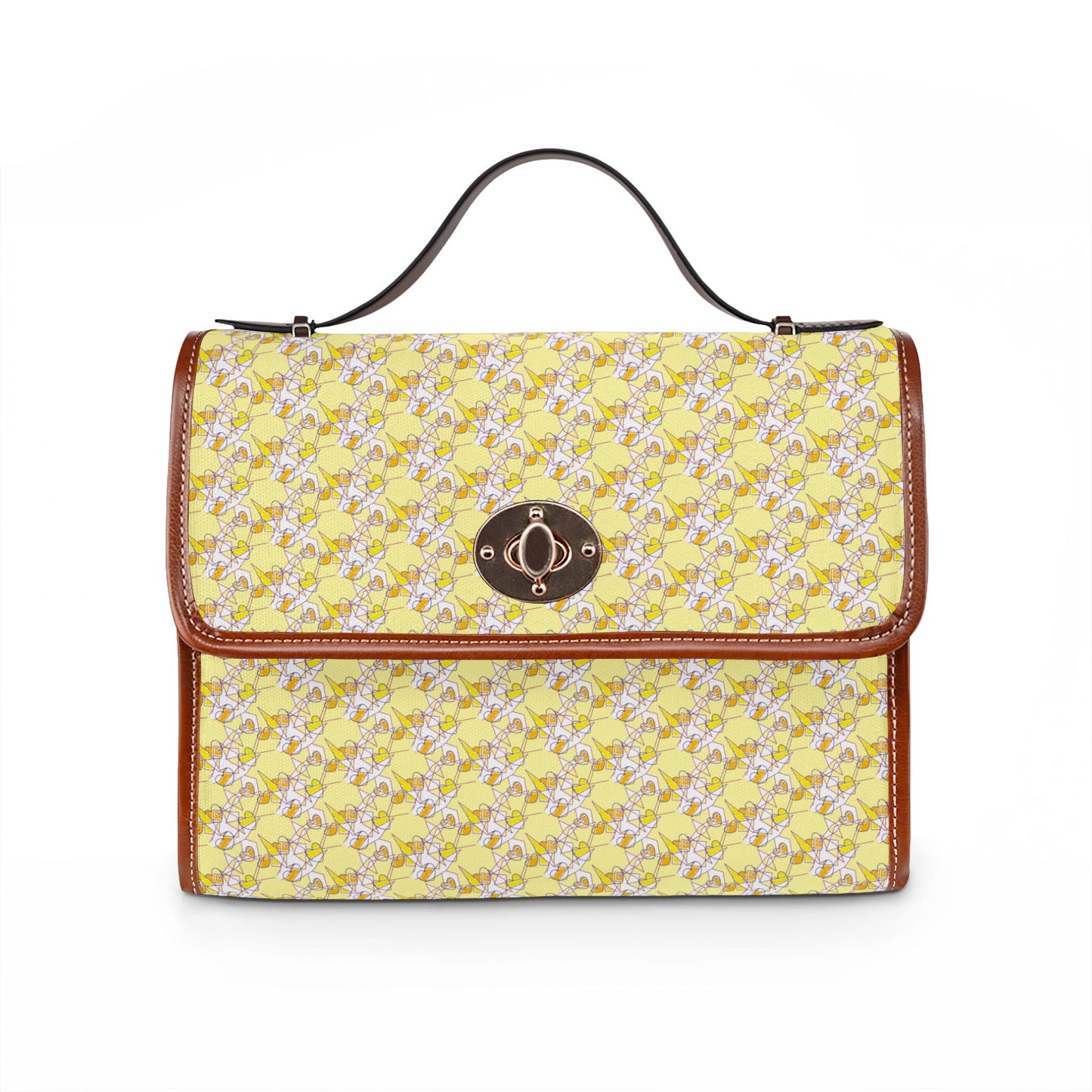Yellow Floral Canvas Bag — Waterproof Handbag Tote with Leather Trim