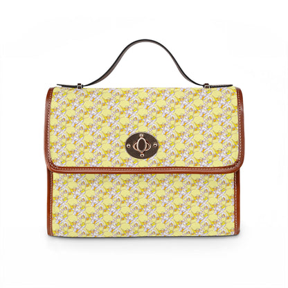Yellow Floral Canvas Bag — Waterproof Handbag Tote with Leather Trim