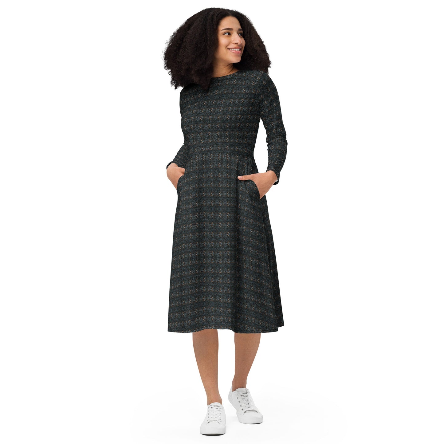 Navy Blue Marble Knit Midi Dress | Long Sleeve Party Gown