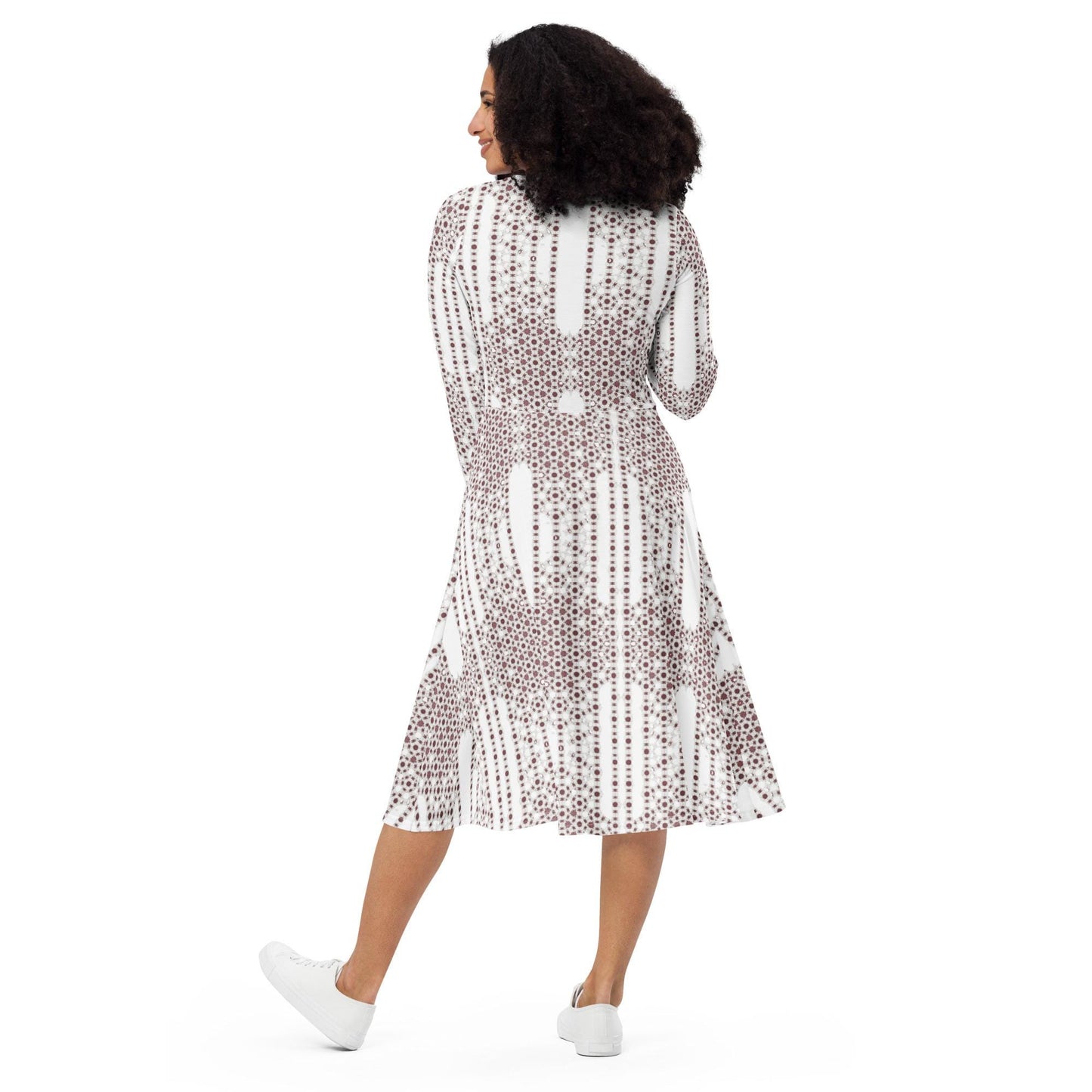 Bronze & White Skater Dress | Long Sleeve Midi with Pockets