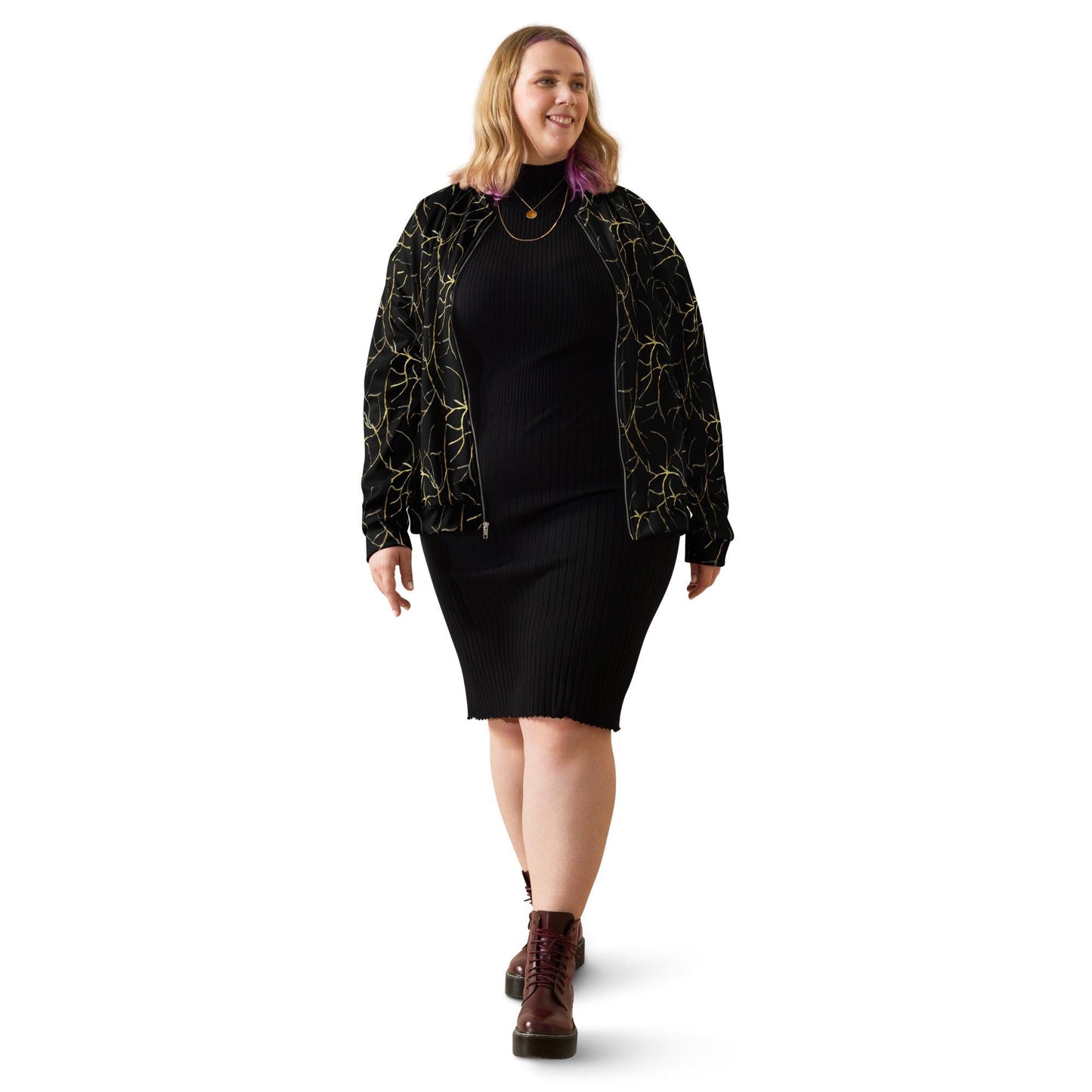 Black and Gold Bomber Jacket: Abstract Leaf Pattern, Lightweight Outerwear
