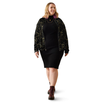 Black and Gold Bomber Jacket: Abstract Leaf Pattern, Lightweight Outerwear