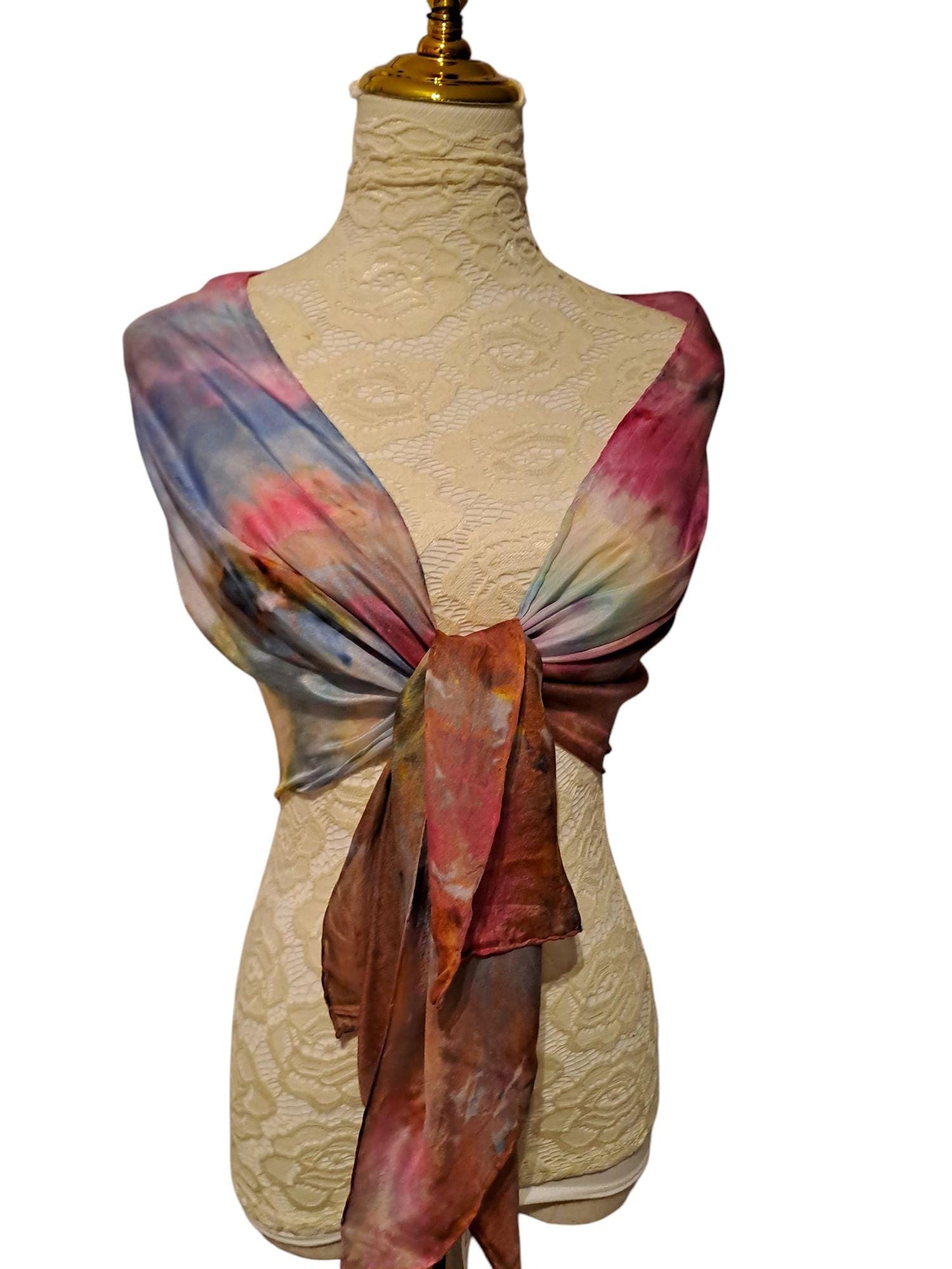 Ice-Dyed Long Scarf: Bronze & Blue Lightweight Soft Shawl