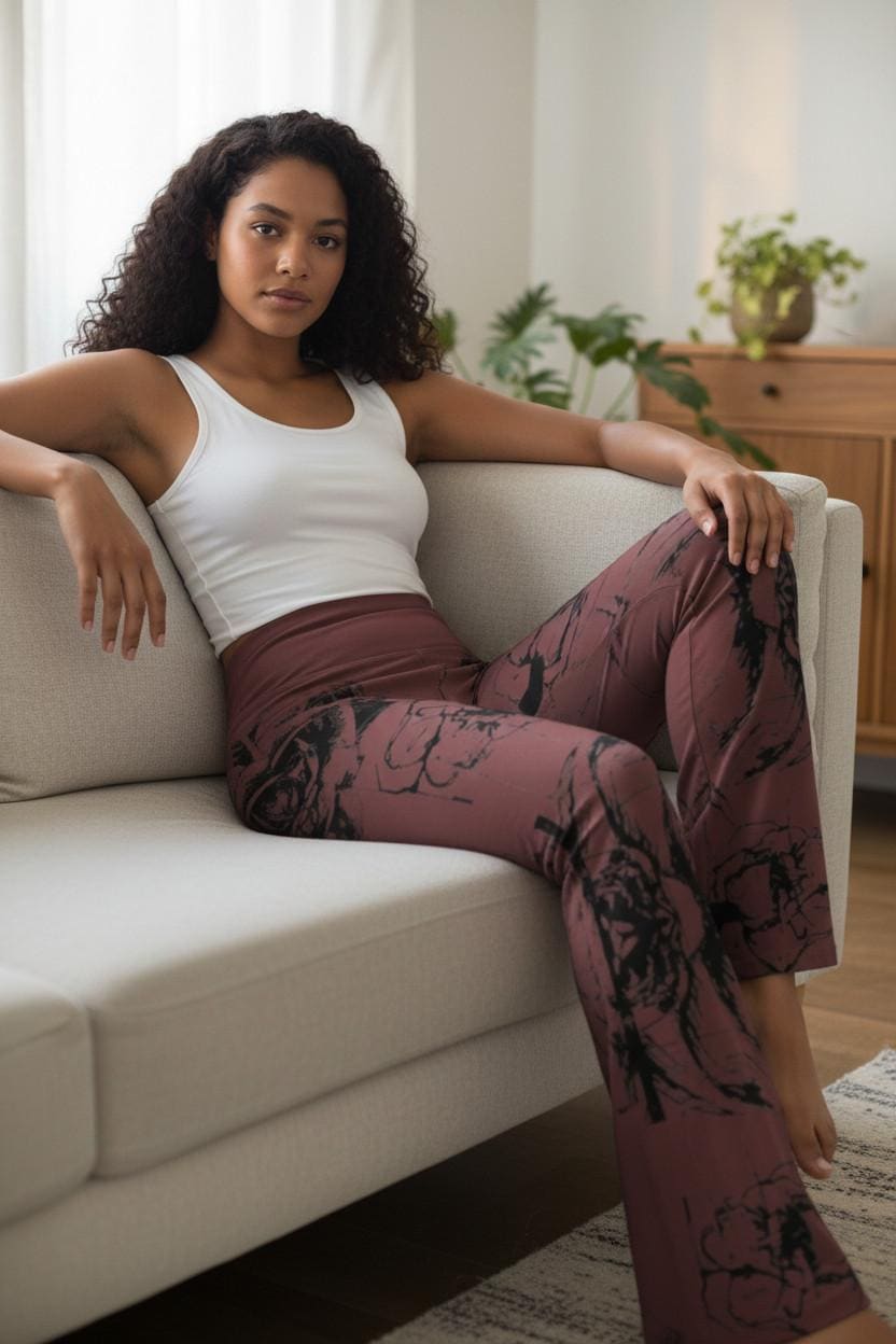 Flare Leggings: Dark Brown Floral High-Waisted Trousers, Casual Fitted Wide-Leg Pants for Hipster Style
