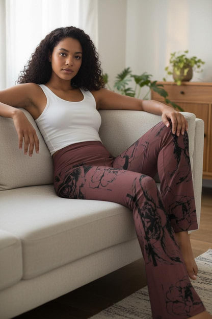Flare Leggings: Dark Brown Floral High-Waisted Trousers, Casual Fitted Wide-Leg Pants for Hipster Style