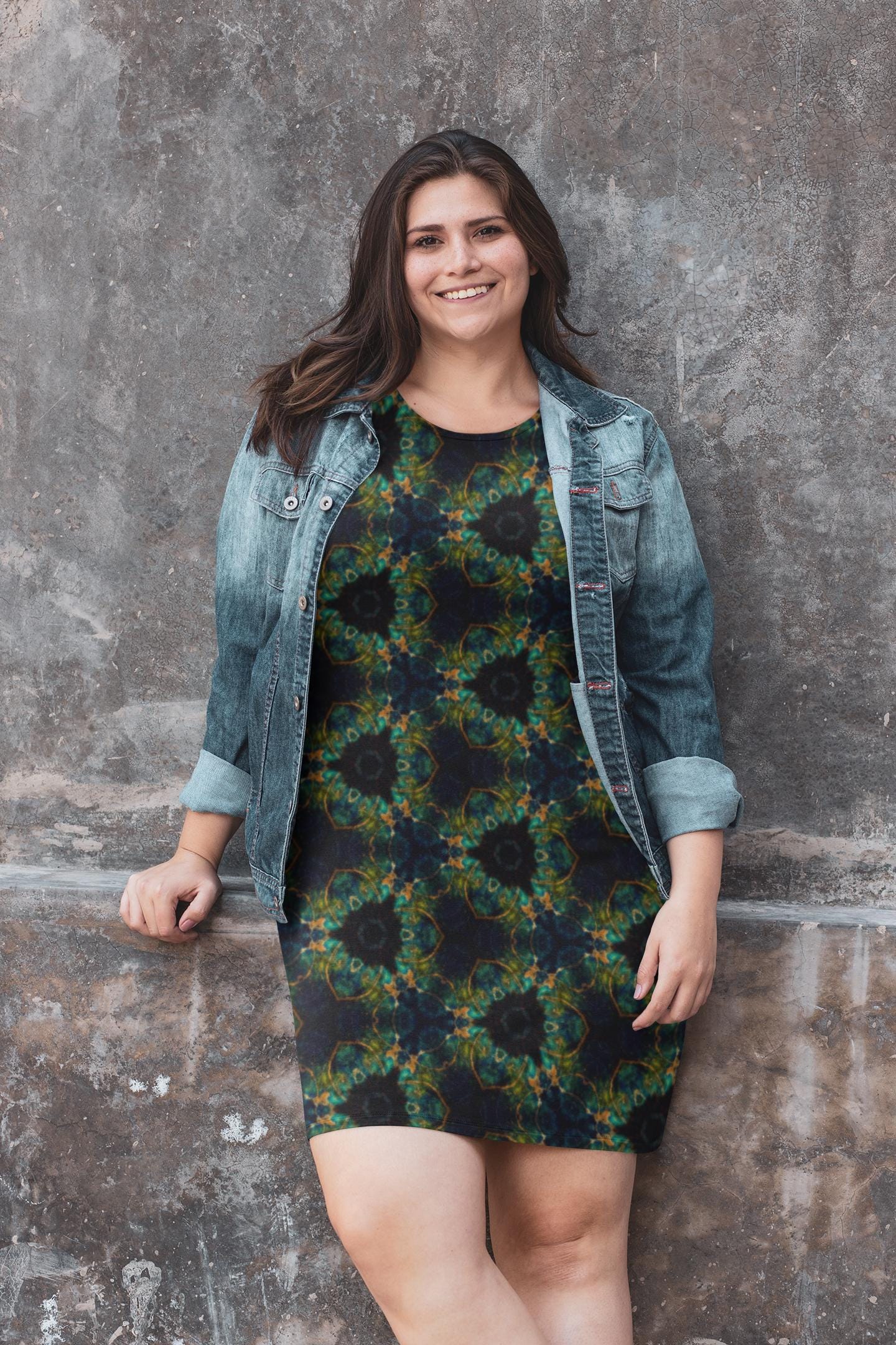 Geometric T-Shirt Dress: Midnight Bloom Oversized Spandex Blend