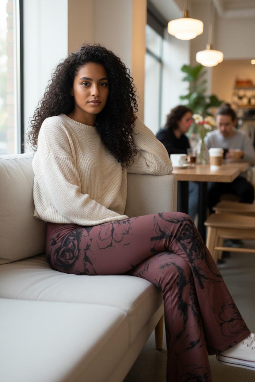 Flare Leggings: Dark Brown Floral High-Waisted Trousers, Casual Fitted Wide-Leg Pants for Hipster Style