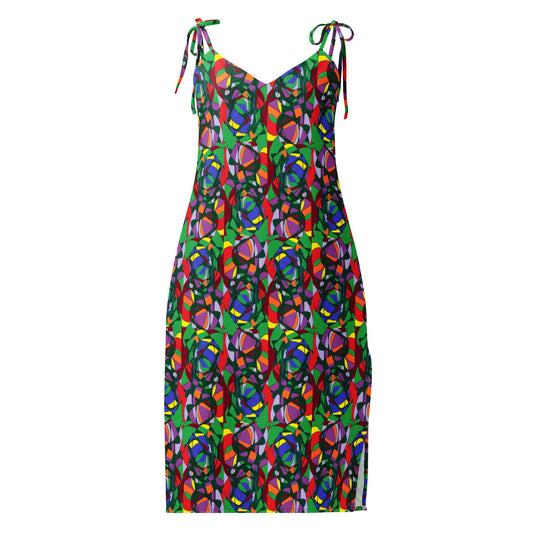 Tie-strap Vibrant Abstract Print Midi Dress | Colourful Sleeveless Summer Slip Dress | Artistic Boho Chic Sundress | Unique Women's