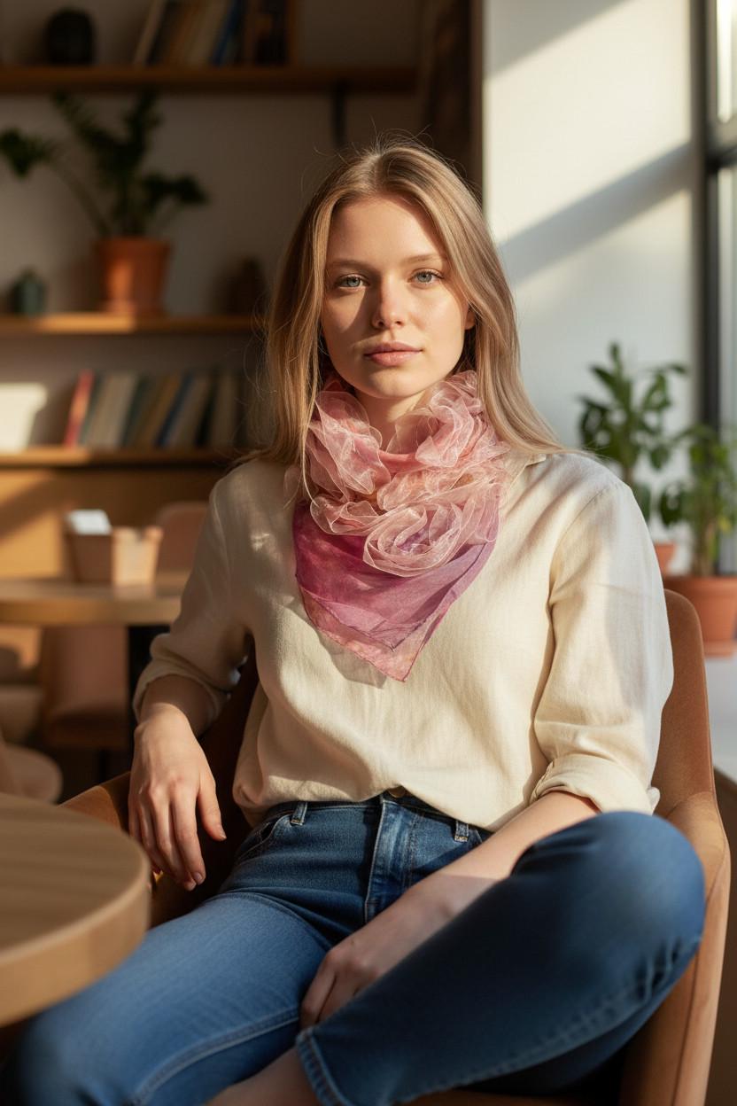 Pink Silk Scarf with Golden Ribbons, Snap Closure Neck Scarf