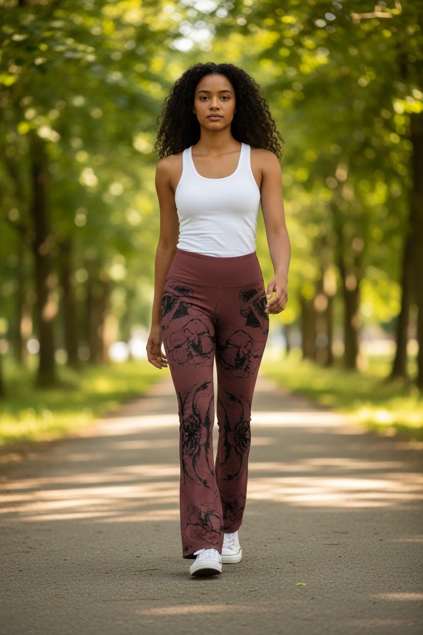 Flare Leggings: Dark Brown Floral High-Waisted Trousers, Casual Fitted Wide-Leg Pants for Hipster Style
