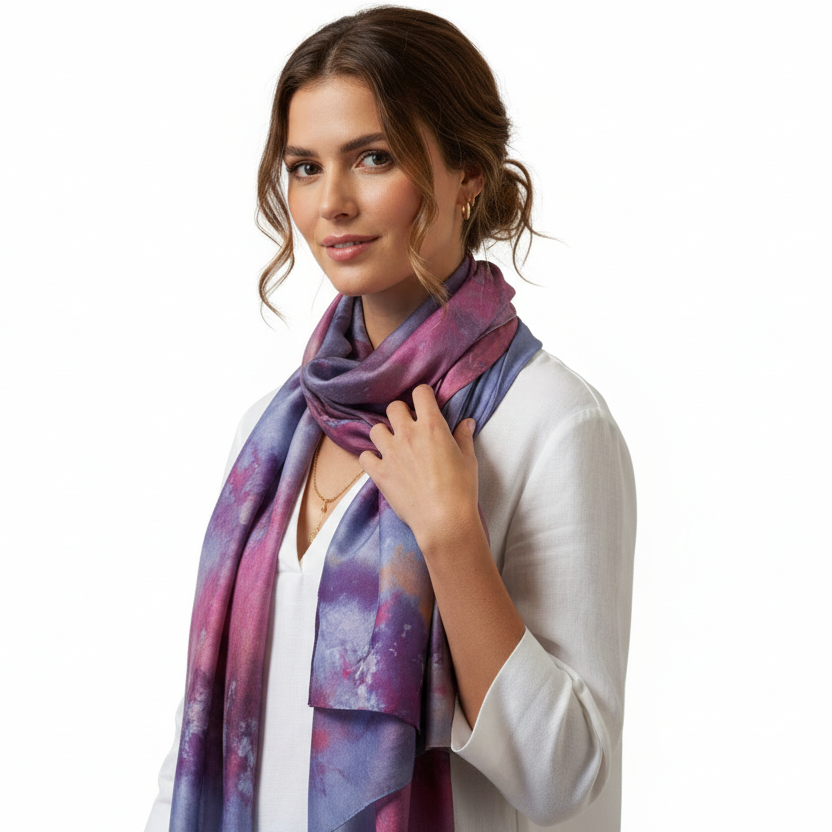 Ice Dyed Scarf: Vibrant Blue Purple Pink Lightweight Silk Scarf