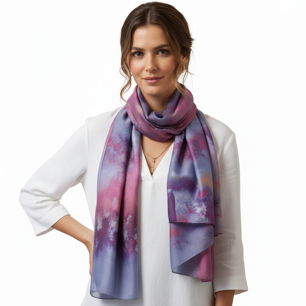 Ice Dyed Scarf: Vibrant Blue Purple Pink Lightweight Silk Scarf