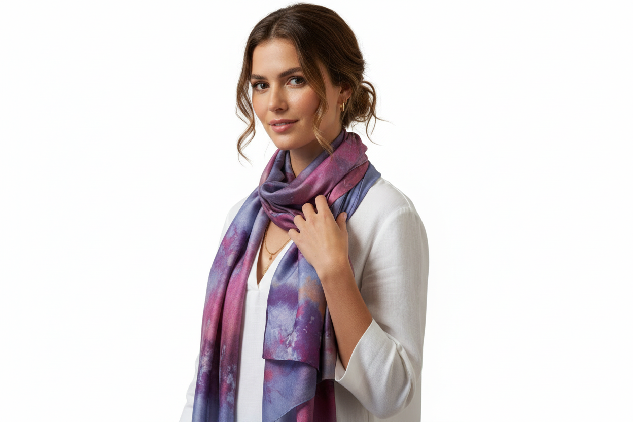 Ice Dyed Scarf: Vibrant Blue Purple Pink Lightweight Silk Scarf