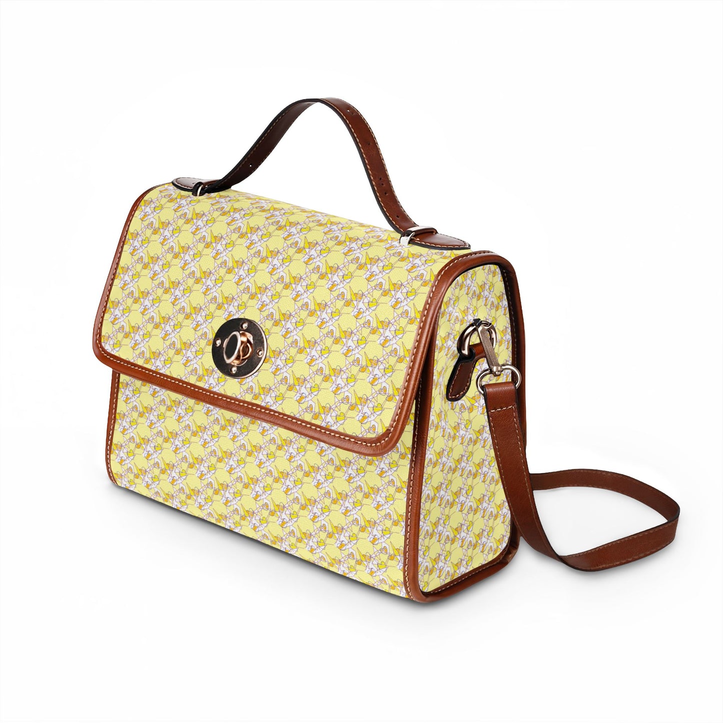Yellow Floral Canvas Bag — Waterproof Handbag Tote with Leather Trim