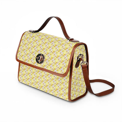 Yellow Floral Canvas Bag — Waterproof Handbag Tote with Leather Trim
