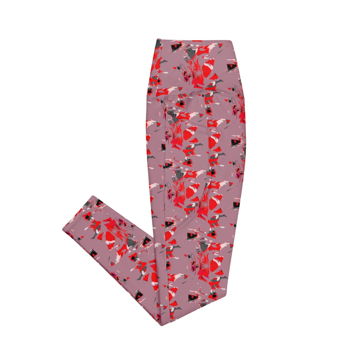 Floral Print Pocket Leggings – Casual Lavender Leggings with Red & Black Blossom Pattern