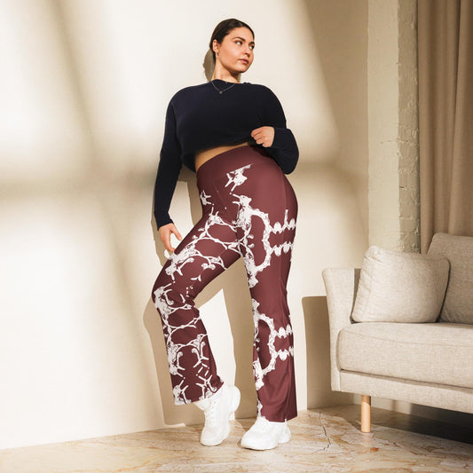 Abstract Flare Leggings: High-Waisted Brown & White Trousers