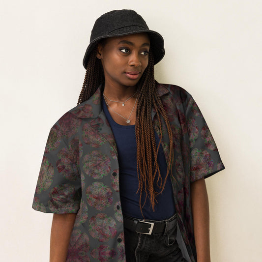 Vintage-Inspired Dark Floral Print Cropped Shirt – Women’s Casual Button-Up Blouse