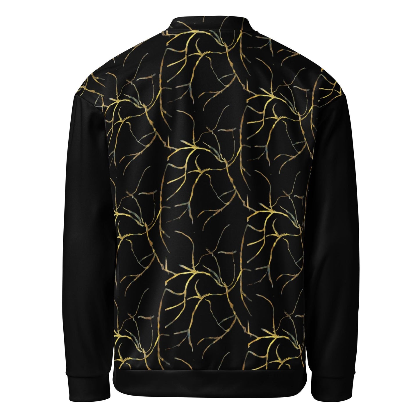 Plus Size Bomber Jacket: Black with Gold Geometric Print