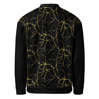 Plus Size Bomber Jacket: Black with Gold Geometric Print