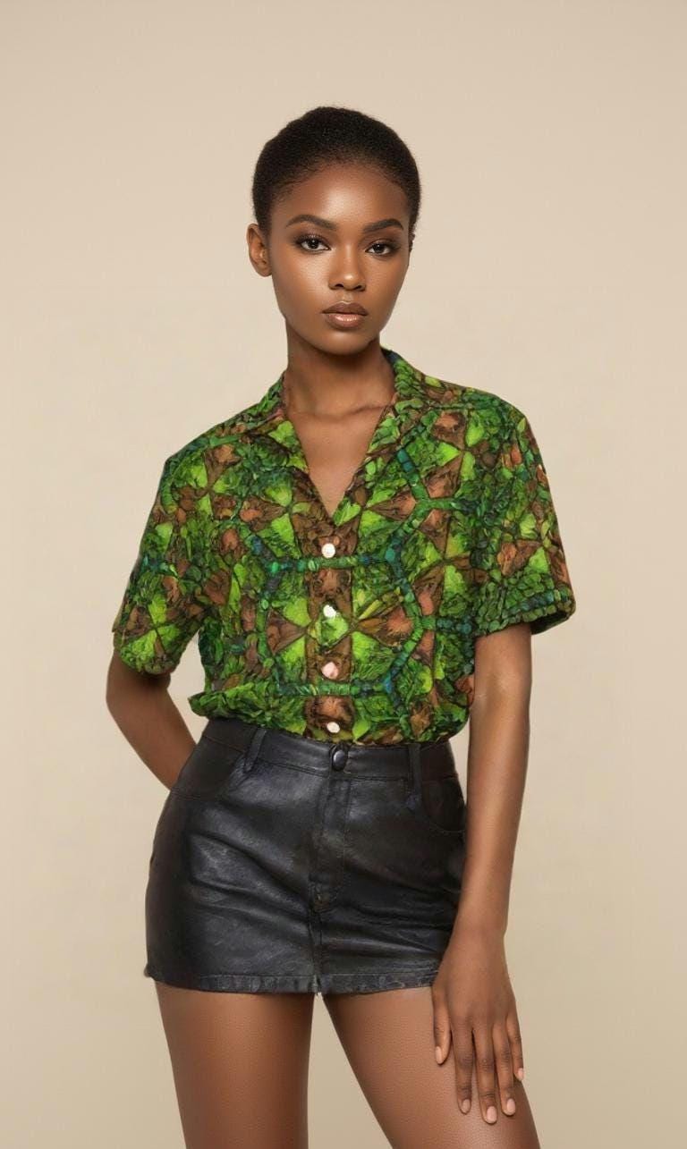 Green and Orange Button Shirt – Casual Vintage, Wrinkle-Free Comfort