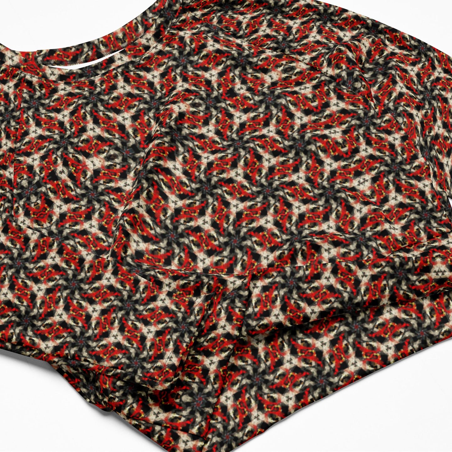 Recycled long-sleeve crop top, Vintage-Inspired Geometric Print Long Sleeve Top - Retro Style Women's Blouse