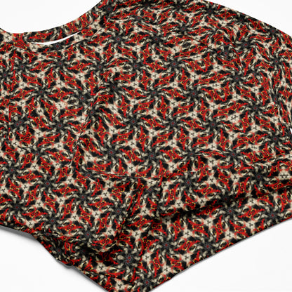 Recycled long-sleeve crop top, Vintage-Inspired Geometric Print Long Sleeve Top - Retro Style Women's Blouse