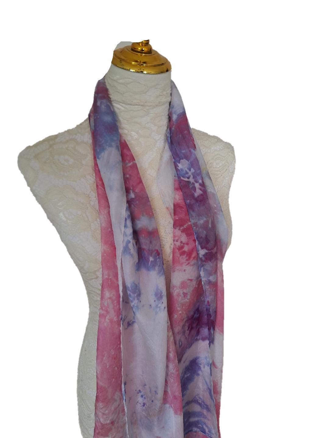 Handmade Ice Dyed Silk Scarf – Dreamy Pastel Watercolour Wrap in Pink, Purple & Blue