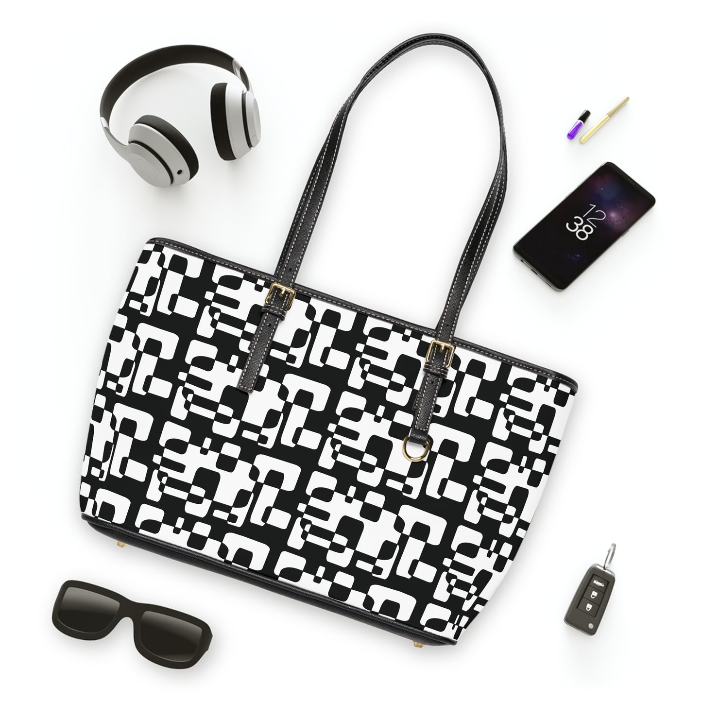 Geometric Black & White PU Shoulder Bag
