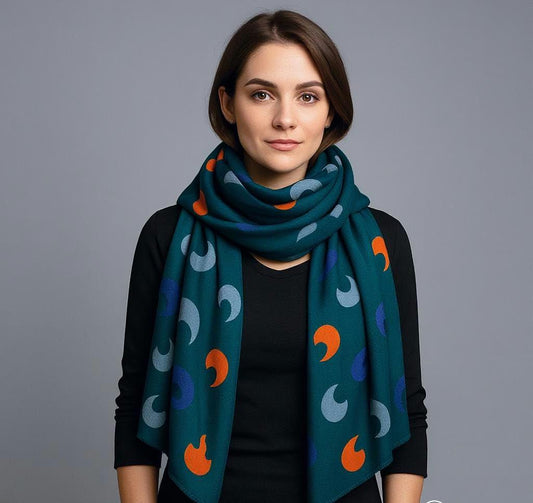 Teal Moon Phase Scarf – Soft Wool Blend Shawl with Abstract Crescent Pattern | Elegant Winter Wrap for Women | Cozy Gift Idea