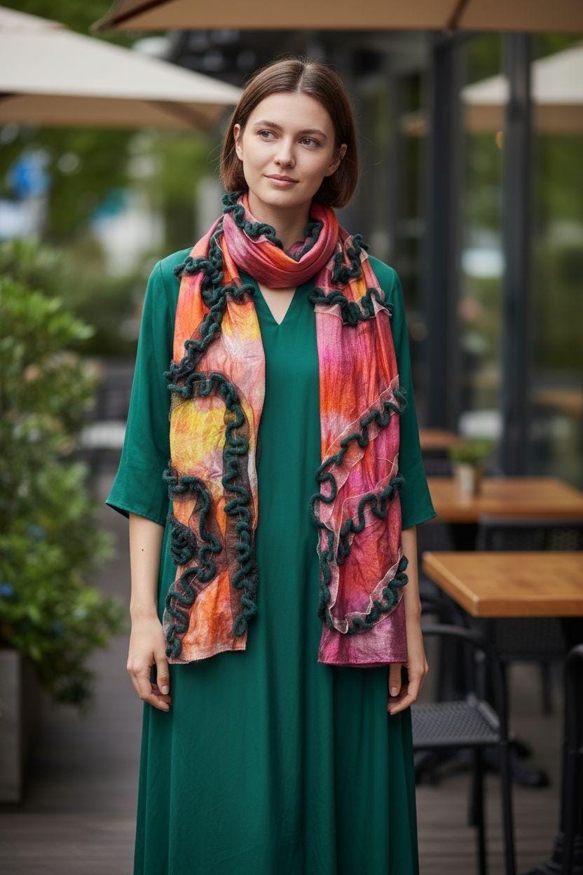 Handmade Hippy Silk Shawl: Orange & Green with Black Ribbons