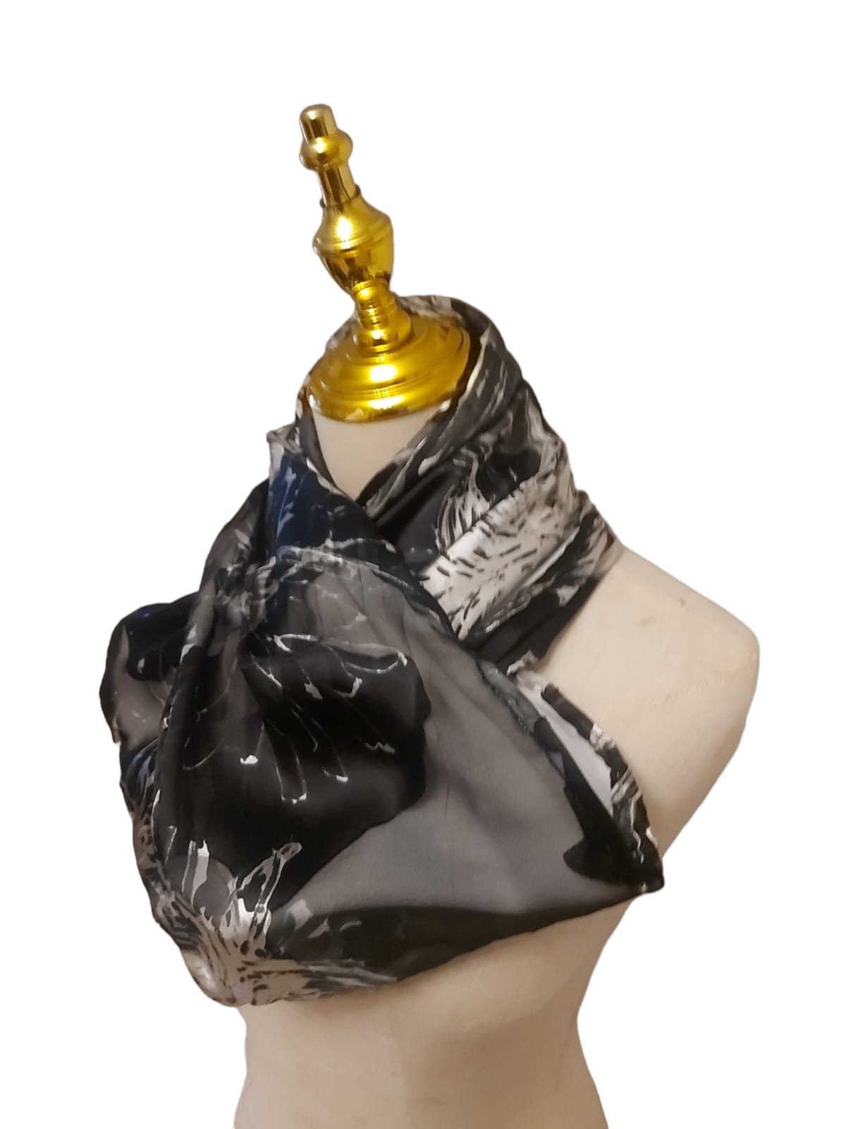 Floral Silver and Black Infinity Scarf: Sheered Jersey Scarf