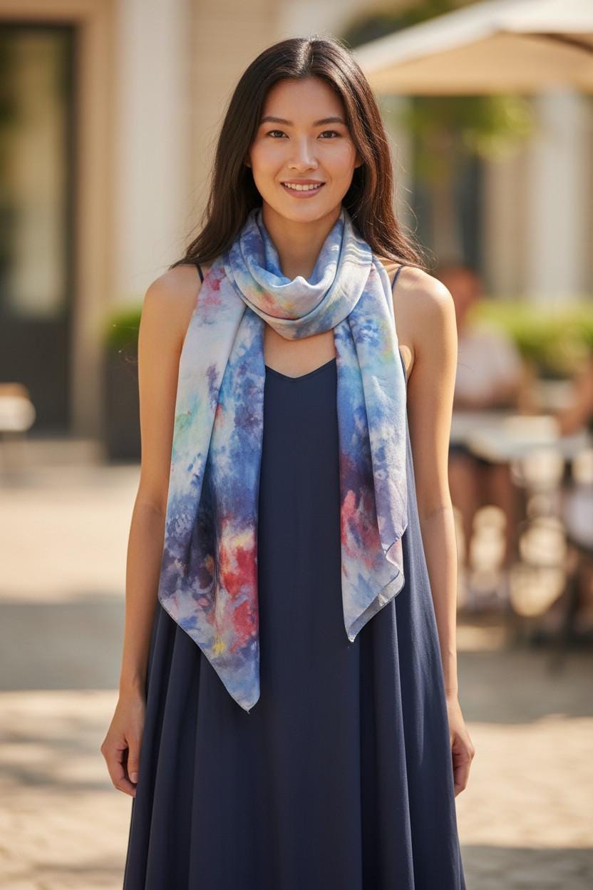 Icedyed Tie-Dyed Silk Scarf: Handmade Blue Emerald Square Scarf