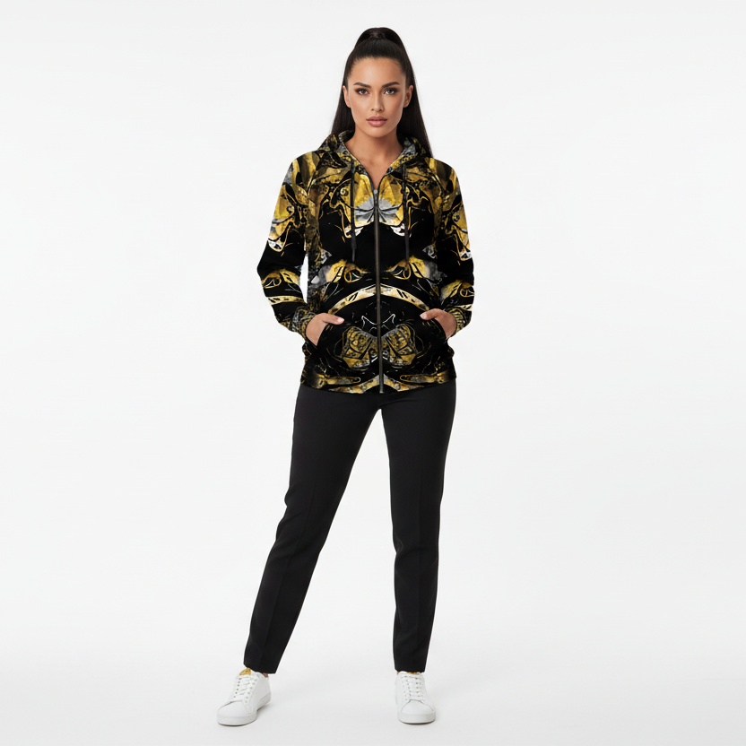 Abstract Gold & Black All-Over-Print Zip Hoodie