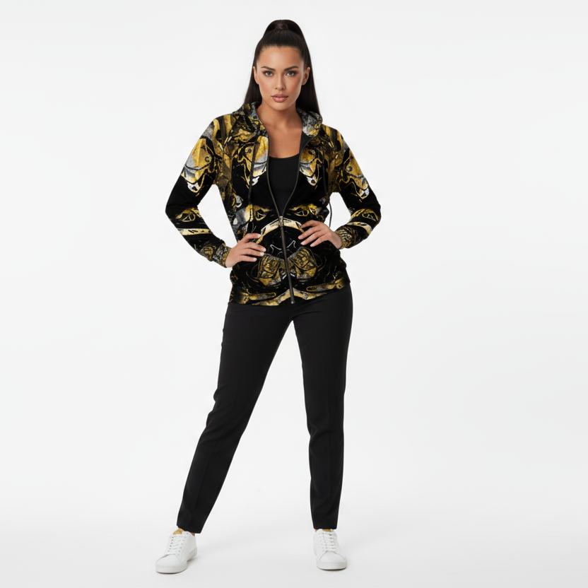 Abstract Gold & Black All-Over-Print Zip Hoodie