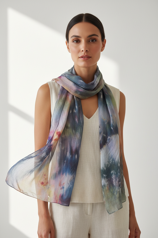 Handmade Rose Gold Ice-Dyed Silk Scarf: Luxurious Summer Shawl