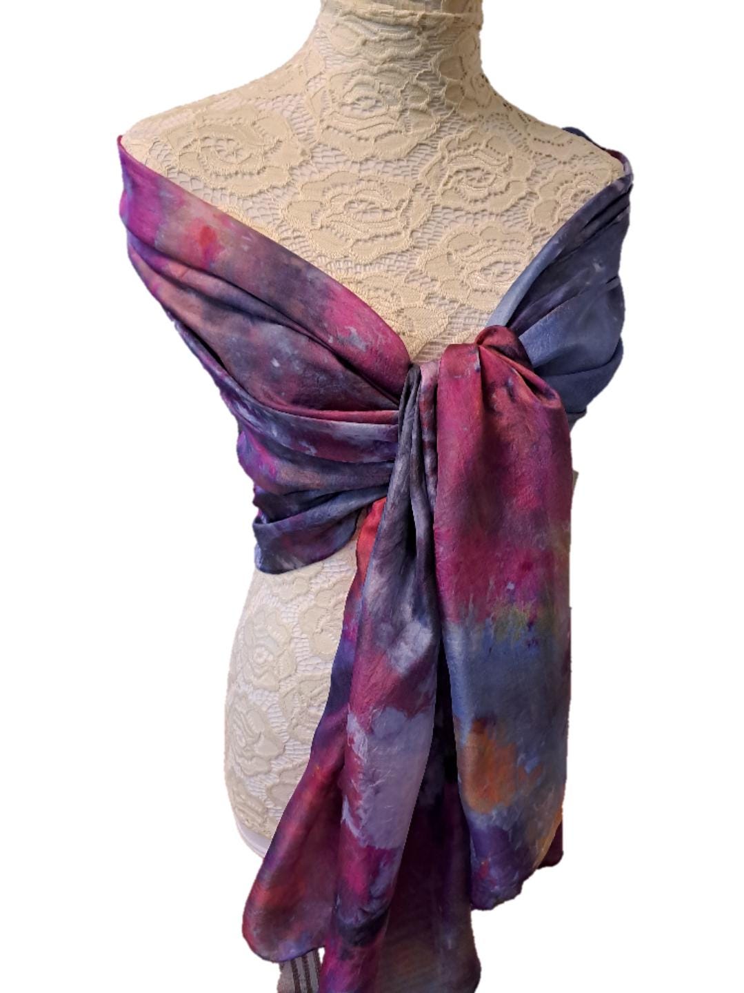 Ice Dyed Scarf: Vibrant Blue Purple Pink Lightweight Silk Scarf