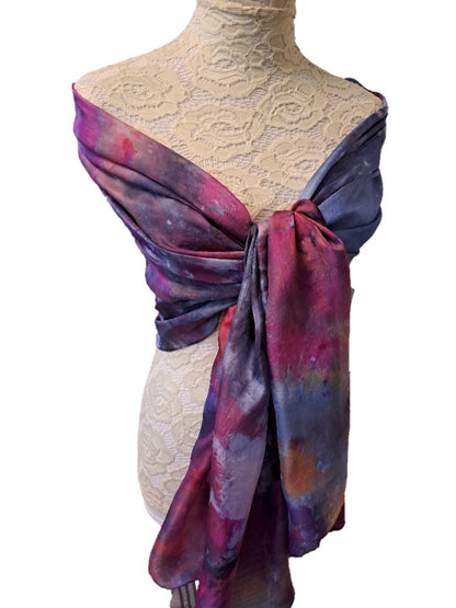 Ice Dyed Scarf: Vibrant Blue Purple Pink Lightweight Silk Scarf