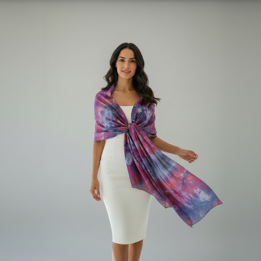 Ice Dyed Scarf: Vibrant Blue Purple Pink Lightweight Silk Scarf