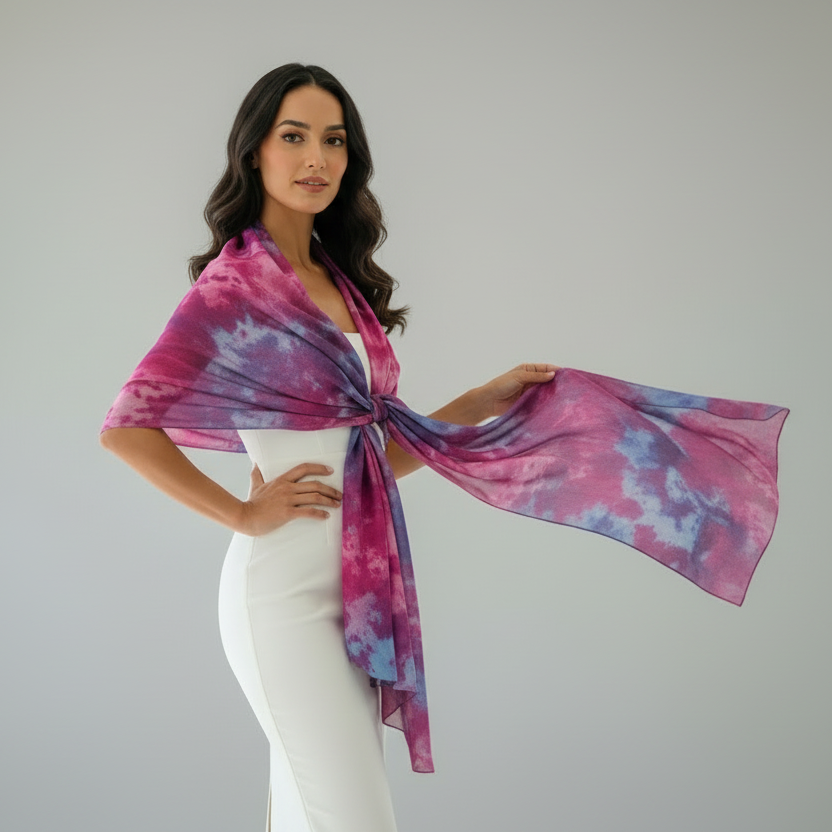 Ice Dyed Scarf: Vibrant Blue Purple Pink Lightweight Silk Scarf