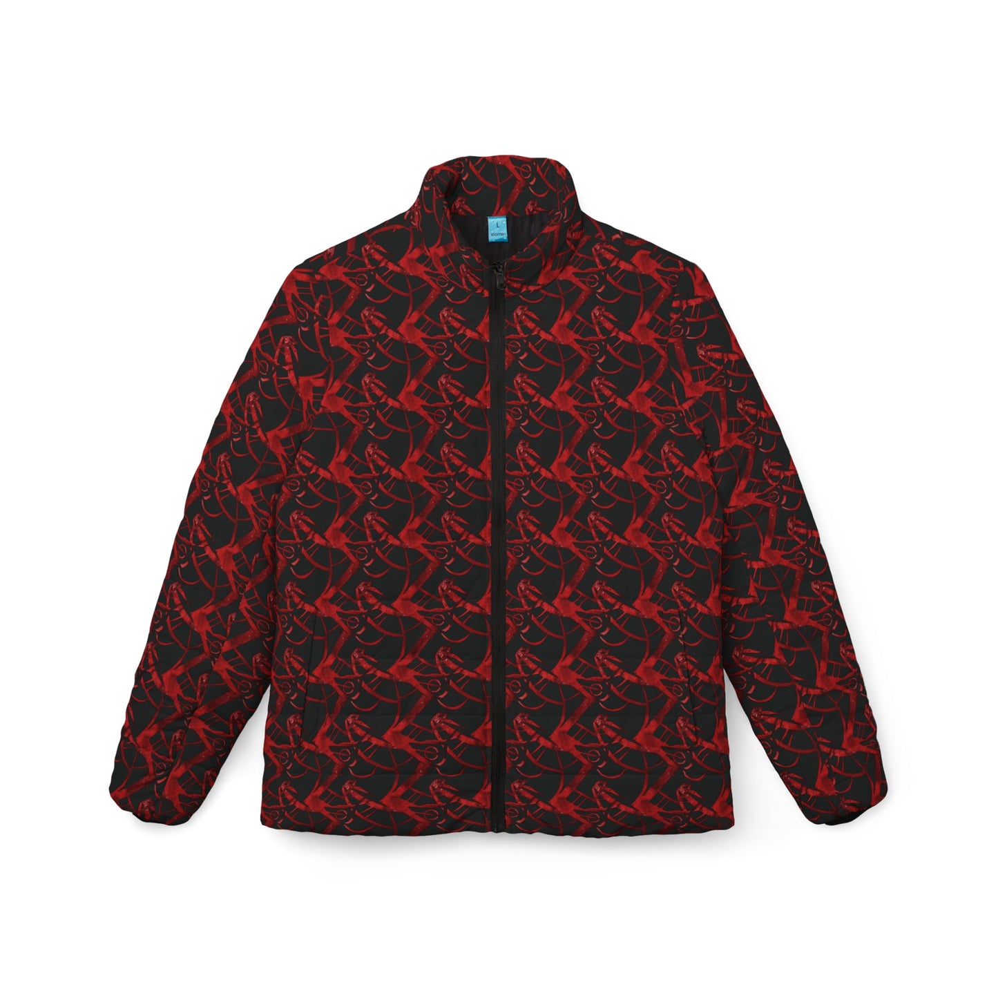 Women’s Puffer Jacket — Red & Black Abstract Feather All-Over Print