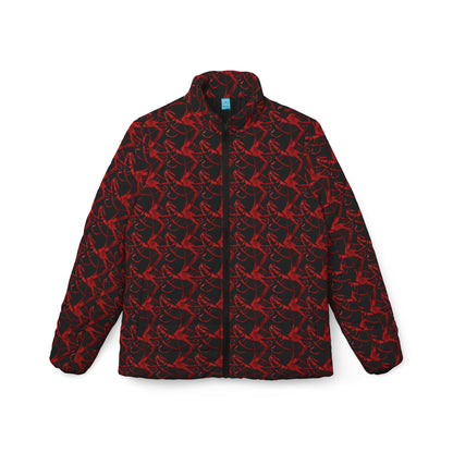 Women’s Puffer Jacket — Red & Black Abstract Feather All-Over Print