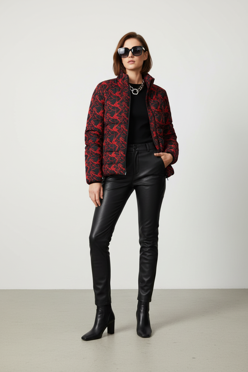 Women’s Puffer Jacket — Red & Black Abstract Feather All-Over Print