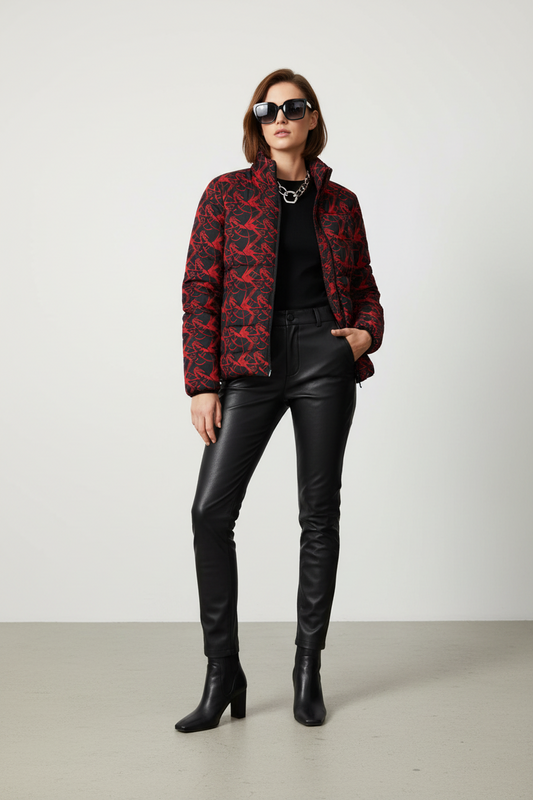 Women’s Puffer Jacket — Red & Black Abstract Feather All-Over Print