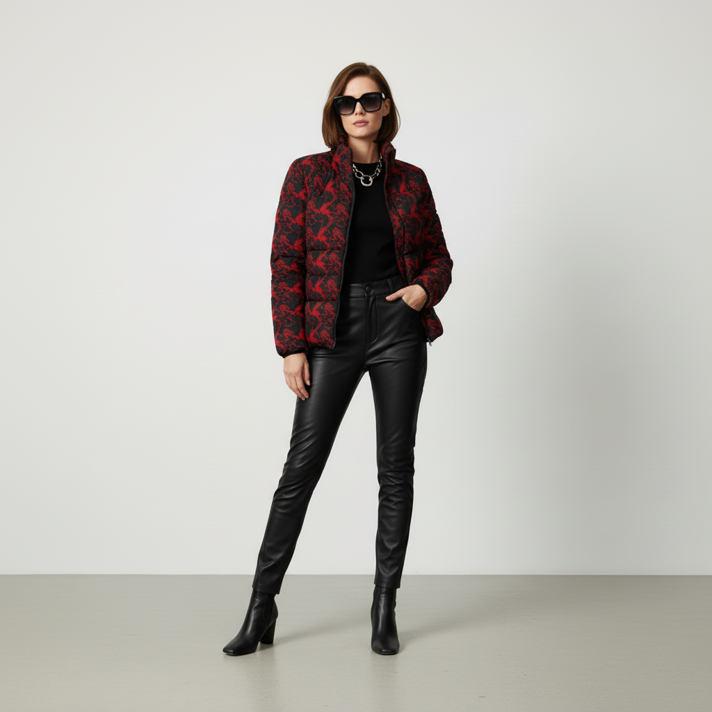 Women’s Puffer Jacket — Red & Black Abstract Feather All-Over Print