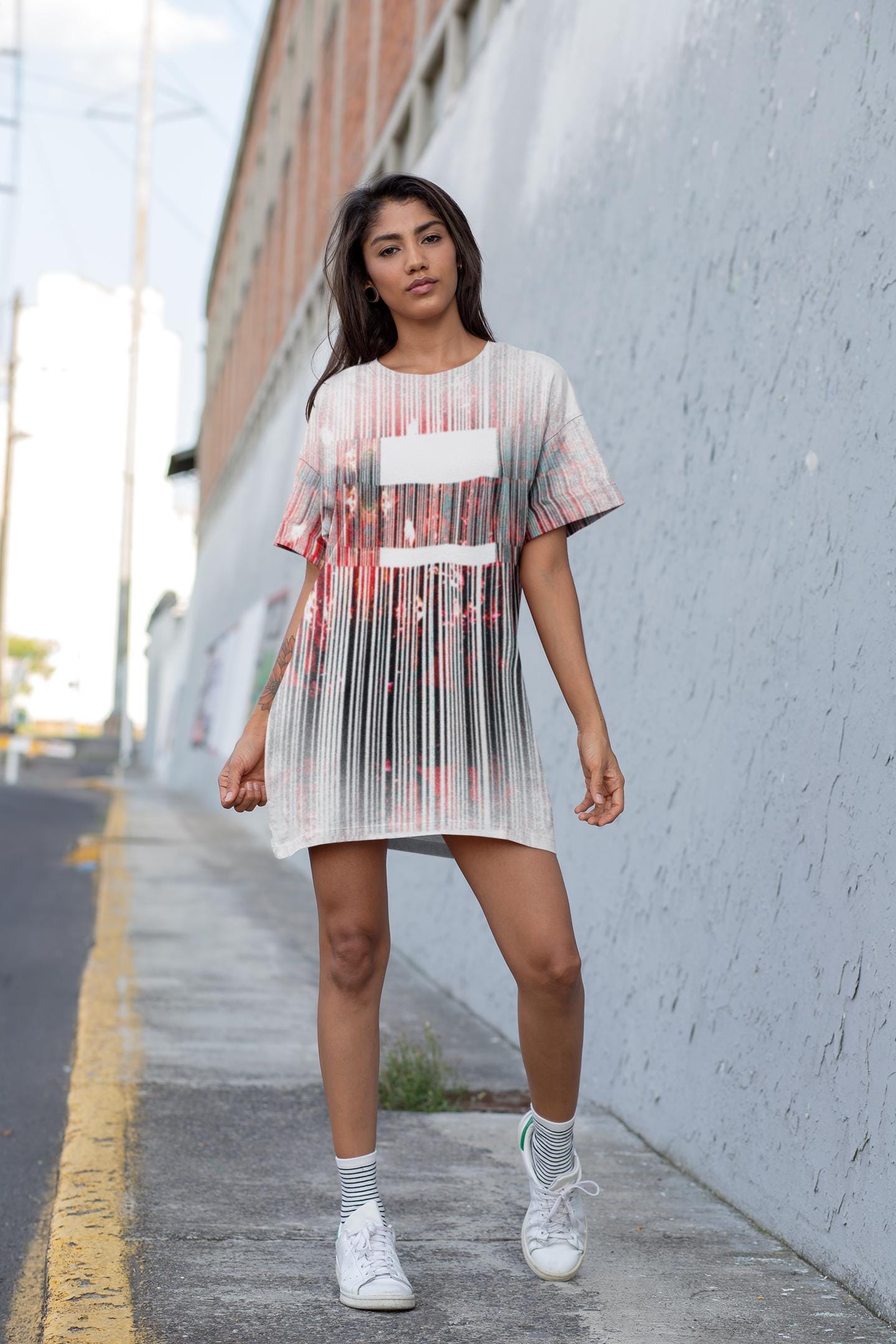 Barcode Print T-Shirt Dress: Oversized Red & White Ombré Design