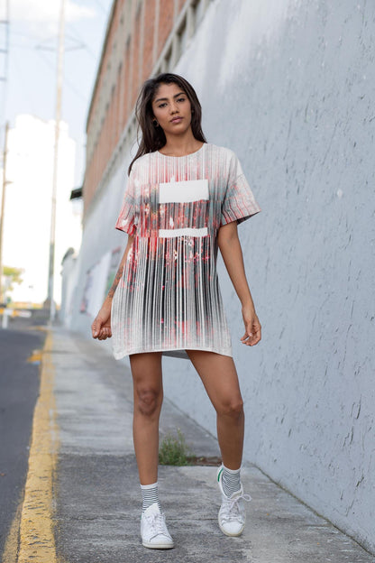 Barcode Print T-Shirt Dress: Oversized Red & White Ombré Design
