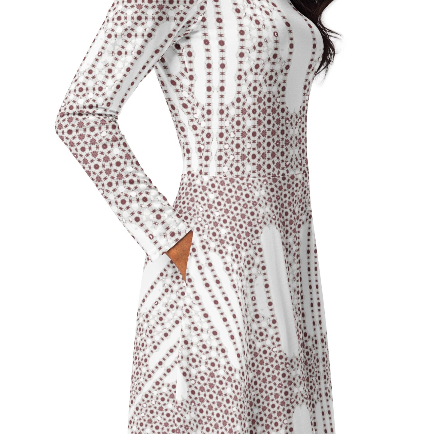 Bronze & White Skater Dress | Long Sleeve Midi with Pockets