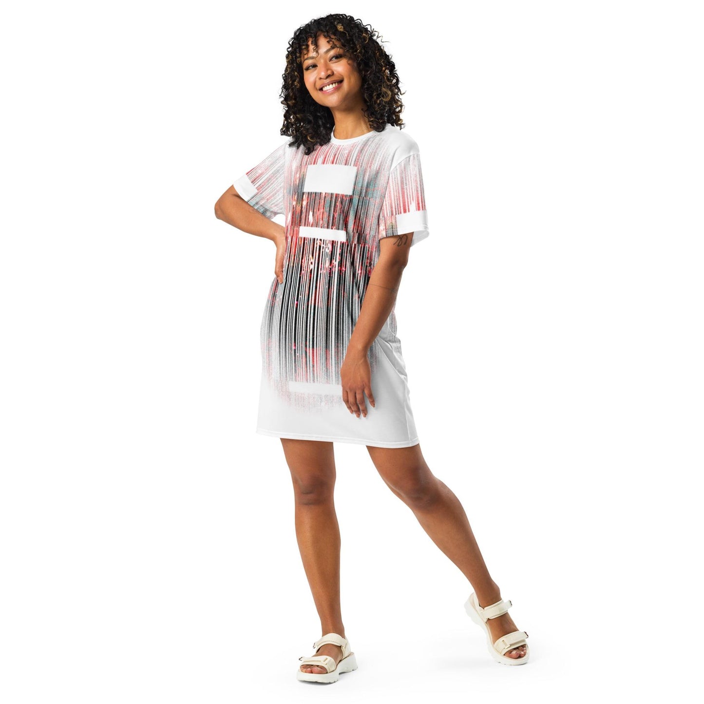 Barcode Print T-Shirt Dress: Oversized Red & White Ombré Design